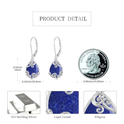 Filigree/Hibiscus/Plumeria Flower Leverback Earrings Moonstone/Lapis Lazuli/Turquoise/Moss Agate/Black Onyx Jewelry for Women 925 Sterling Silver Dangle Drop Earrings Filigree Gifts for Wife4