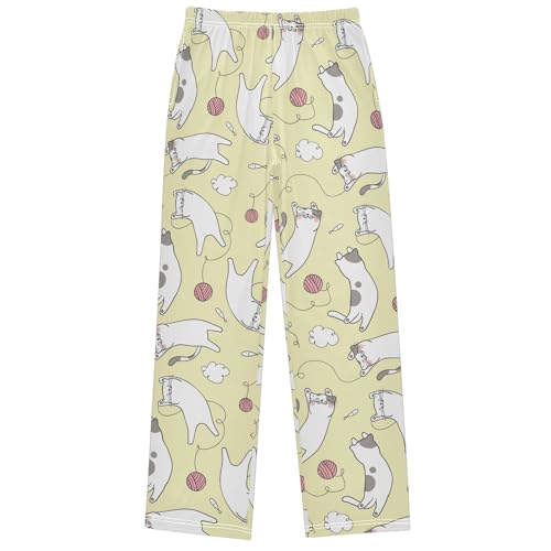 Boy's Pj Pants Lazy Cat Lying Yellow Pastel Lounge Bottoms Elastic Waist Kids Joggers with Pockets Size 6-14