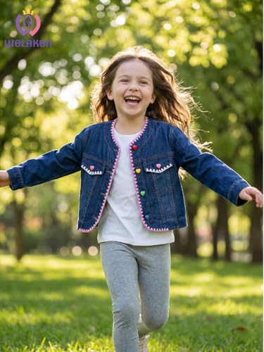 Image of WELAKEN Print Denim Jacket for Girls & Kids II Little Girl's Button Down Crop Jean Jacket Coat