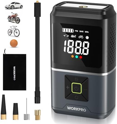 WORKPRO Bezprzewodowa sprężarka powietrza, 5000 mAh, 7,2 V, przenośna sprężarka powietrza z 4 trybami, 150 PSI, inteligentny cyfrowy wyświetlacz LED, samochodowy SOS, motocykl, piłki, rowery