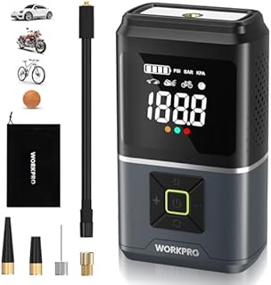 WORKPRO Bezprzewodowa sprężarka powietrza, 5000 mAh, 7,2 V, przenośna sprężarka powietrza z 4 trybami, 150 PSI, inteligentny cyfrowy wyświetlacz LED, samochodowy SOS, motocykl, piłki, rowery