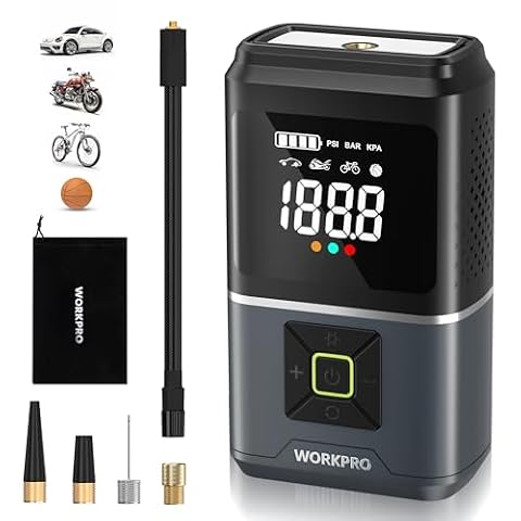 WORKPRO Bezprzewodowa sprężarka powietrza, 2500 mAh, 7,2 V, przenośna sprężarka powietrza z 4 trybami, 150 PSI, inteligentny cyfrowy wyświetlacz LED, SOS do samochodu, motocykla, piłki, rowerów