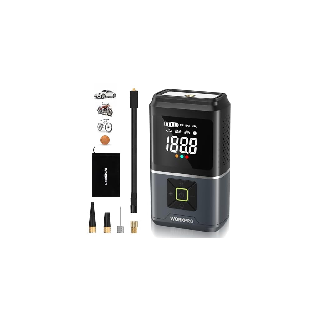 Productafbeelding van WORKPRO Elektrische luchtpomp, 150 psi (10,3 bar), acculuchtcompressor 7,2 V, 2500 mAh, draadloze draagbare bandenpomp met digitaal display en noodverlichting voor auto, fiets, motorfiets, ballen voor vergelijking en koopadvies