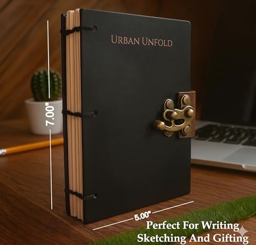 Image of URBAN UNFOLD Aesthetic Handmade Digital Printed Diary with Vintage Metal Lock | A5 Size (7x5 Inch) Hardcover Journal | 200 Unruled Blank Pages | Hand-Stitched Premium Personal Notebook for Writing, Sketching & Gifting (Mystical Red Moon Girl Artwork)