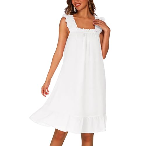 Marvmys Ruffle Nightgowns for Women Sleeveless Bridal Night Gown Ladies Cute Nightdress with Ruffle Hem S-3XL X-Large A-white