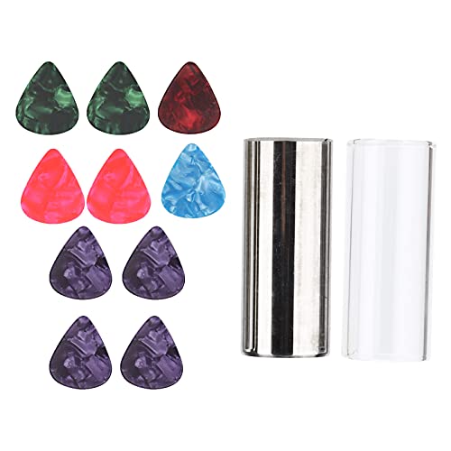 Ensemble de 1 glissière en verre, 1 glissière en acier, 10 médiators avec boîte de rangement - Les Beatles, Paul McCartney, John Lennon, RIngo Starr, George Harrison Ensemble de 1 glissière en verre, 1 glissière en acier, 10 médiators avec boîte de rangement