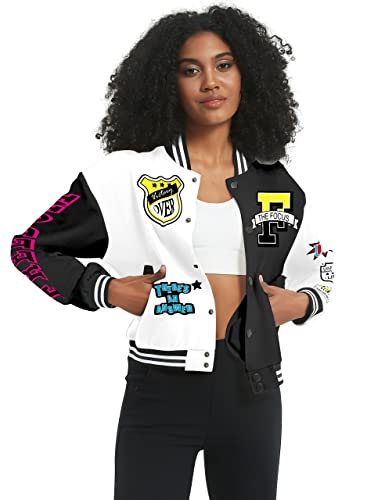 Cozypoin Women's Varsity Jacket Print Cropped Color Block Jacket 2023 Unisex Baseball Bomber Y2K Streetwear Coats(Black-L) #TOP2