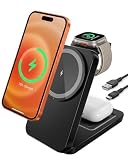 3-in-1 Wireless Charger for iPhone 17 16 15 14 13 12, 15W Qi Fast Magnetic Charging Station for Apple Watch AirPods, MagSafe Compatible Foldable Charger with LED Indicator & Heat Dissipation (Black)