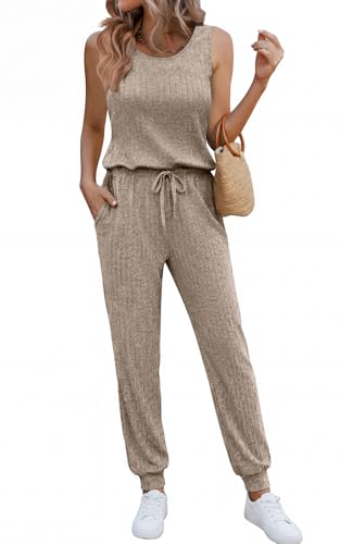 Ekouaer Jumpsuits for Women Casual Summer Sleeveless 2026 Ribbed One Piece Romper Dressy Vacation Clothes Travel Outfits Khaki XXL