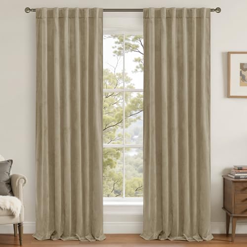 LAMIT Dark Taupe Velvet Curtains 120 Inch for Living Room, Thick Thermal Insulated Drapes Room Darkening Country Decor Back Tab and Rod Pocket Panels for Bedroom, 2 Panels, 52 x 120 Inch