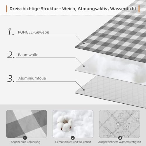 HAUSPROFI Picknickdecke 200x200cm, wasserdicht & isoliert - XXL Outdoor Decke für Picknick, Strand, Garten. Campingdecke mit Baumwolle gepolstert, Inkl. Tragegriff & Heringe, Grau/Weiß Kariert