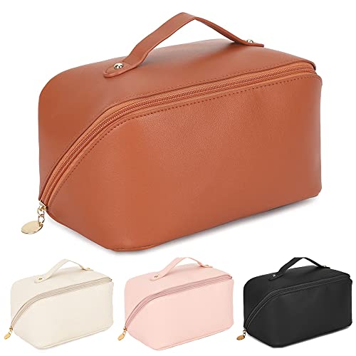 Reise-Kosmetiktasche für Damen und Mädchen, große Kapazität, tragbare Kulturtasche, PU-Leder, wasserdichte Make-up-Tasche mit Griff und Trennwand, braun Cover
