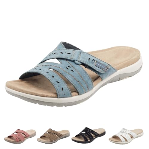 Orthopedic Sandals for Women Comfortable Slides Summer Walking Plantar Fasciitis Sandals with Arch Support Adjustable Hook and Loop Straps Outdoor slip-on shoes, Blue, 6.5