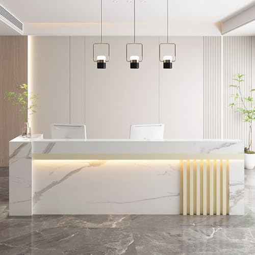 Moderno escritorio de recepción con almacenamiento. Elegante escritorio frontal para oficinas, salones y tiendas. Mesa blanca contemporánea con iluminación suave y acabado natural