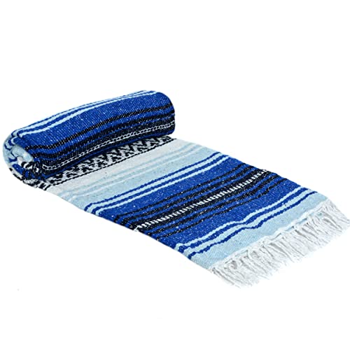 La Montana Mexican Blankets And Throws, 10 Pack, 74" X 50" Thick Yoga Blankets For Meditation, Soft Outdoor Blanket For Camping, Beach, Or Picnic, Machine-Washable, Cobalt Blue/Light Blue/White #TOP6