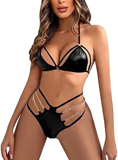 لانجيري بيكيني للنساء من قطعتين - مصنوع من الجلد - اسود HN980، مقاس واحد