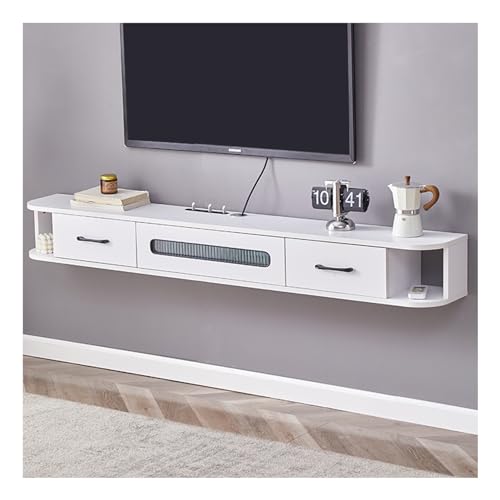Mueble de TV flotante de pared con centro de entretenimiento para montaje en pared, moderno soporte de TV con puertas y estantes, color blanco, 140 cm, solución elegante y que ahorra espacio