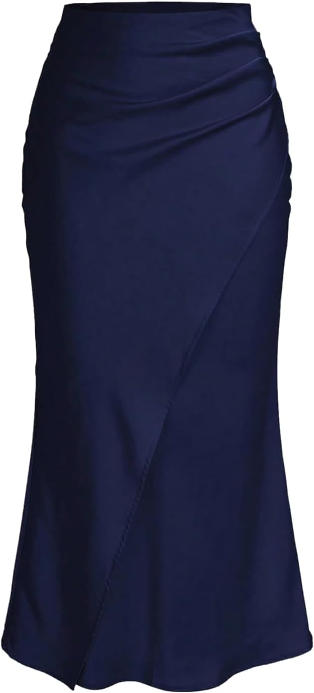 SOLY HUX Women's Satin Maxi Skirt Elegant Wrap High Waisted Ruched Fishtail Dressy Casual Skirts