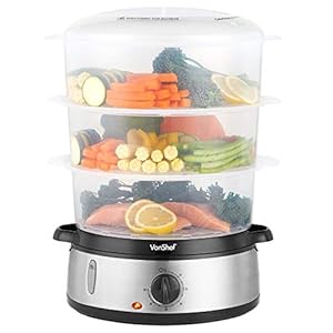 VonShef Food Steamer Electric 800W – 9L Capacity, 3 Removable Stackable Tiers, BPA Free, 60-Minute Timer, Boil Dry Protection, Dishwasher Safe Parts & Rice Bowl Included for Healthy Steam Cooking