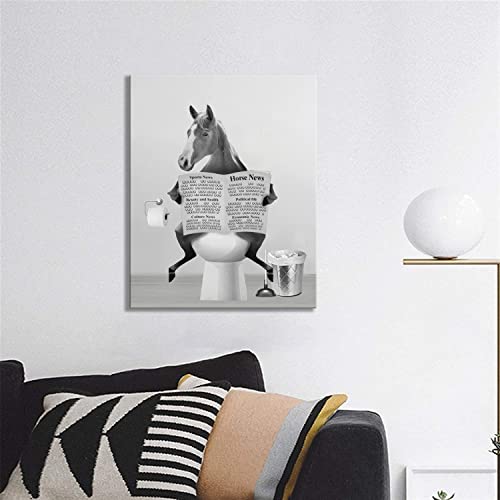 Bathroom Horse Wall Art Black And White Horse Pictures Wall Decor Funny Animal Canvas Prints Framed Modern Painting Artwork For Bathroom Lavatory Toilet Loo Living Room Office 12"X16" #TOP2