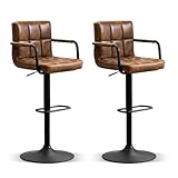 Furniliving Bar Stools Set of 2 with Back, Modern Square PU Leather Kitchen Stools with Armrest, Adjustable Counter Height Barstools for Kitchen Bar Pub Cafe (Yellowbrown)