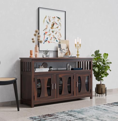 Image of WOODY Furniture Kitchen Crockery Cabinet Wooden | Solid Wood Sideboard Cabinet for Living Room | Solid Wood Storage Cabinet for Dining & Living Room | Sheesham Wood Console Table (Walnut Finish)