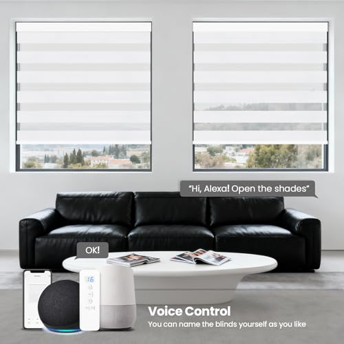 Image of No Drill Motorized Blinds with Remote,95% Blackout Electric Zebra Shades Light Filtering, Smart Automatic Zebra Blinds for Indoor Windows,Compatible with Alexa,Google,Luxury White,Custom Sizes