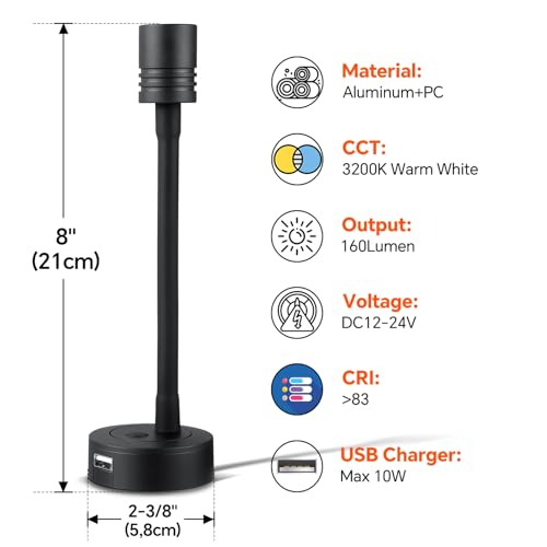 Obeaming LED Leselampe 12V Dimmbar Wohnmobil Flexible Schwanenhals USB-Anschluss, Wandlampe Bettseite 2 Stück DC 12V-24V Spot für Boot Wohnwagen Innenbeleuchtung Yacht, Fest verdrahtet Wandmontage