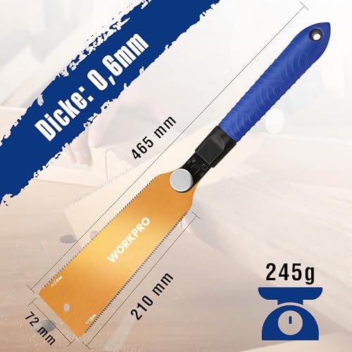 WORKPRO 210mm Japansäge mit 0,6mm SK5 Klinge, Doppelte Kante japanische Handsäge 18TPI/7-9TPI, Profi Feinsäge Zugsäge für Holzbearbeitung Heimwerker Zimmermann