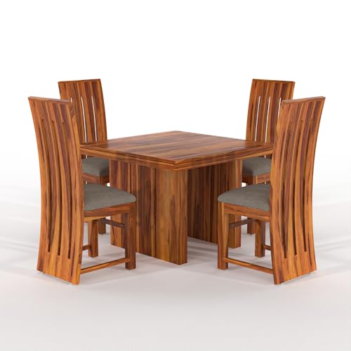 Image of Solid Sheesham Wood 4 Seater Dining Table Set with Cushioned Chairs for Dining Room | Living Room | Home & Office | Hotels Restaurant & Cafe (4 Seater, Honey H)