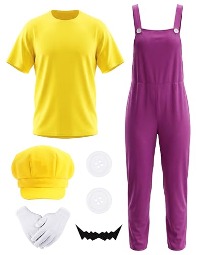 EchoElce Halloween Costumes Yellow Plumber Brother Cosplay Set Overall T Shirt Hat Gloves for Halloween Party Funny Costumes for Men (L)