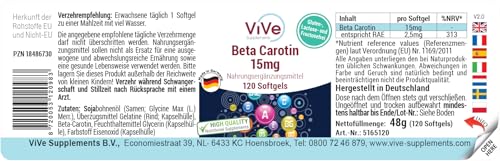 Beta Carotin 15 mg - 120 Softgels - 2,5 mg Retinoläquivalent (RAE) / 5000 I.E. Vitamin A, 4 Monats-Versorgung | Qualität aus Deutschland von ViVe Supplements