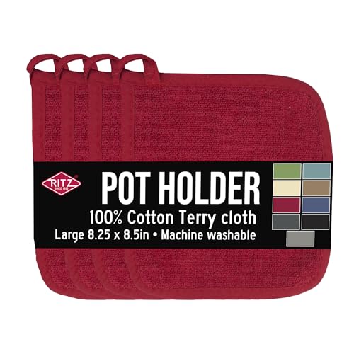 RITZ Terry Potholder & Hot Pad: Unparalleled Heat Resistant, Durable 100% Cotton – Ergonomically Designed for Optimal Grip – Easy-Care Machine Washable – 4-Pack, Paprika Red