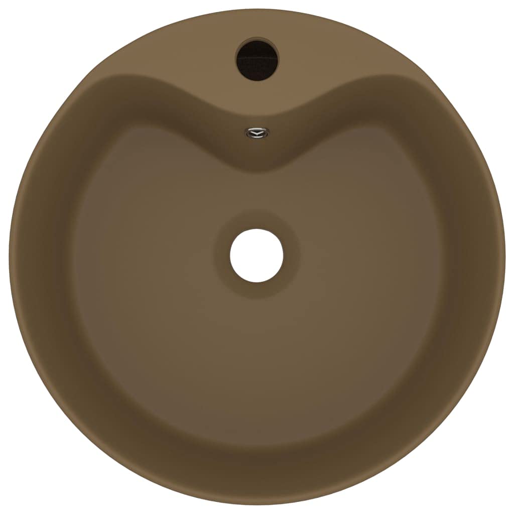 Lavabo redondo de cerámica mate crema 36 x 13 cm lavabo con rebosadero y orificio para grifo diseño elegante para cuarto de baño, invitados, aseo, cocina y garaje