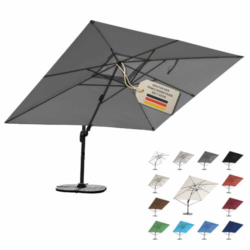RS Trade Sonnenschirm Ampelschirm 3x4m groß rechteckig, mit Windsicherung, Ständer und Schutzhülle, drehbar neigbar kippbar mit Kurbel, windstabil für Garten Terrasse Balkon Gastronomie, dunkelgrau