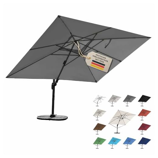 RS Trade Sonnenschirm Ampelschirm 3x4m groß rechteckig, mit Windsicherung, Ständer und Schutzhülle, drehbar neigbar kippbar mit Kurbel, windstabil für Garten Terrasse Balkon Gastronomie, dunkelgrau