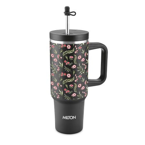 Image of MILTON My Tumbler Studio 1200 Thermosteel Double Wall Vacuum Insulated SS Tumbler with Handle 1100ml, Leak Proof Travel Mug, Straw, Silicon Cap Cleaning Brush, Hot & Cold Beverage Flask, Black Floral