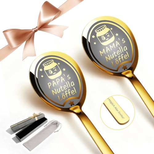 CGFN Regalos para mamá papá, 2 cucharas personalizadas para Nutella, ideas regalos para padres, papá y mamá para cumpleaños de 20,5 cm (oro, mamá y papá)