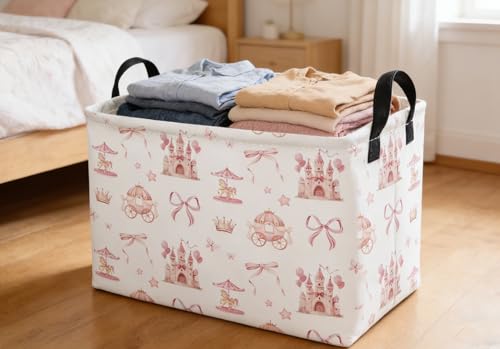 Image of Essme Rectangular Pink Baskets,Girls Storage Box,Cute Basket for Kids with Handles for Room Decor, Book Bins,Shelf Basket.(Castle)