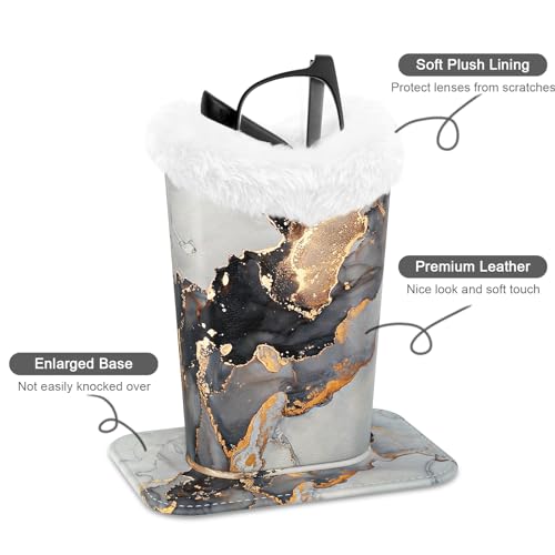 Image of Eyeglasses Holder, Plush Lined PU Leather Pattern Stand Case with Magnetic Base, Unisex for Women Men, Grey Gold Marble