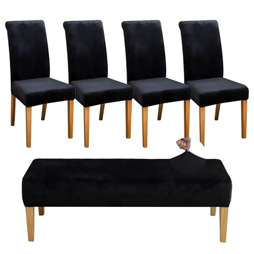 FORCHEER Black Velvet Dining Chair Covers with Bench Slipcover for Dining Room Stretch Dining Table Chair Covers 4 and A Bench Cover Removable Washable