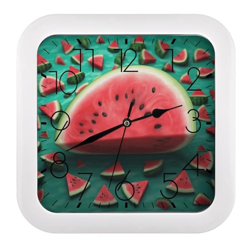 Horloge murale carrée contre le bruit tic-tac 25cm pastèque à pile