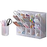 HakGak 4 Pcs Desk Organizer with Cup Pen Holder Pencil Marker Stationery Storage Container with Cup Brush Craft Organizer for Office School Home Supplies, Set of 5, 16 Compartmens, Translucent White