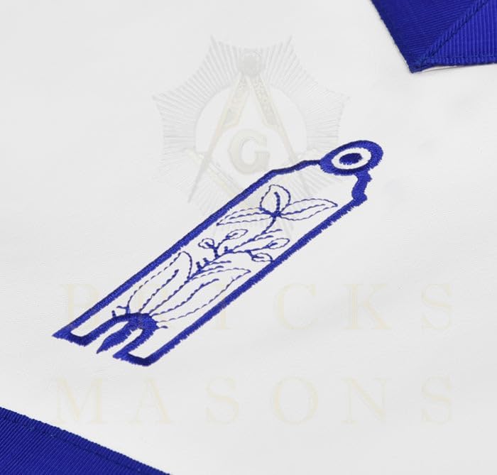 Bricks Masons Junior Warden Blue Lodge Officer Apron - Blue Ribbon With Machine Embroidery Customizable Flap