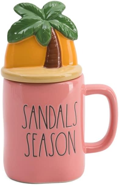 Rae Dunn Coffee Mugs with Decorative ceramic Lids, Sandals Season/Palm Tree/Coral