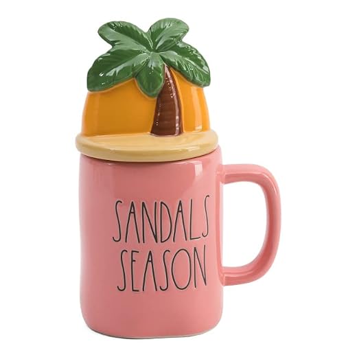 Rae Dunn Coffee Mugs with Decorative ceramic Lids, Sandals Season/Palm Tree/Coral