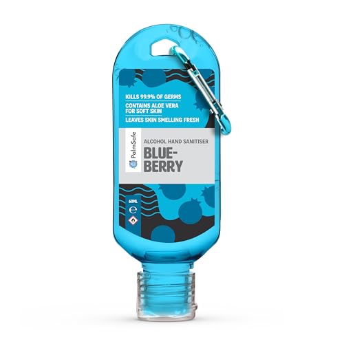 Palm Safe Blueberry 60ml Anti Bacterial Premium Hand Sanitiser Travel Size Refillable Clip Bottle Quick Drying Non Sticky Extra Moisturising Kills 99.9% of Viruses and Bacteria