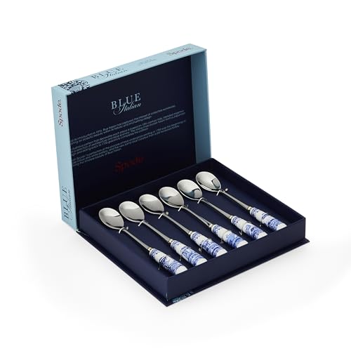Spode x Blue Italian Set of 6 Tea Spoons - White & Blue Teaspoons Stainless Steel with Porcelain Handles Suitable for Tea Coffee or Dessert Stylish and Gift-Ready 15cm