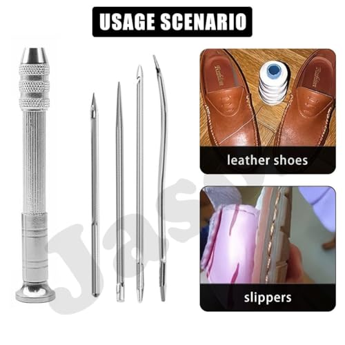 Image of Jasol Leather Sewing Awl Kit with 5 Needles, 1mm Waxed Thread (3 Colors), Heavy Duty Awl for Leather, Canvas, Shoe Repair, DIY Craft, Upholstery Stitching Tool
