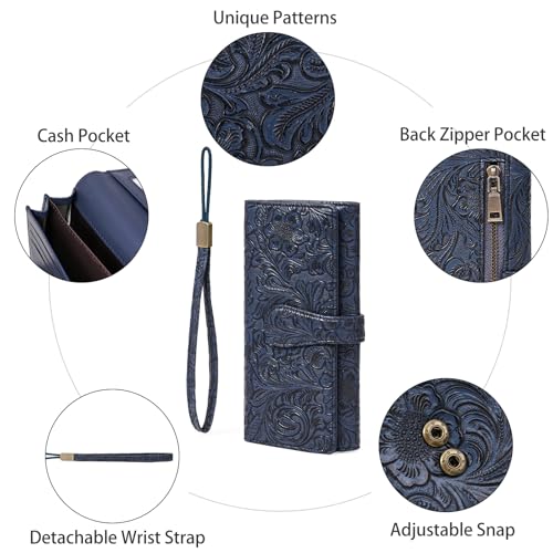 Image of Wristlet Wallet for Women Leather Clutch Purse Trifold Card Holder RFID Blocking Large Capacity Blue